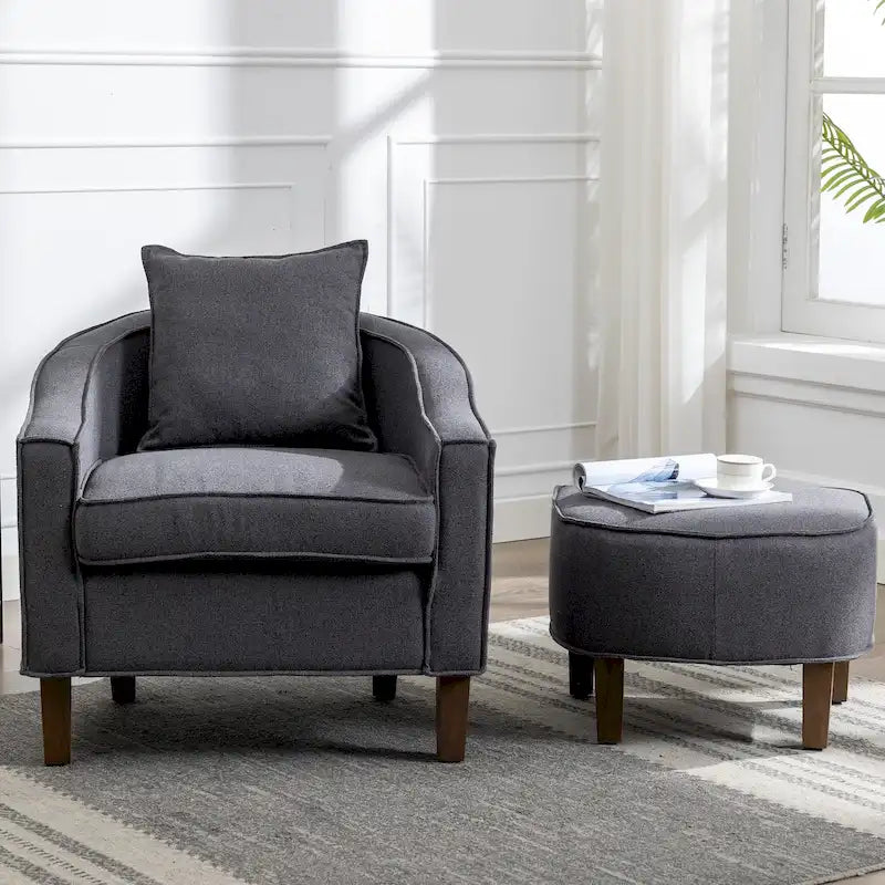 Mid-Century Modern Upholstered Barrel Accent Chair with Solid Wood Legs