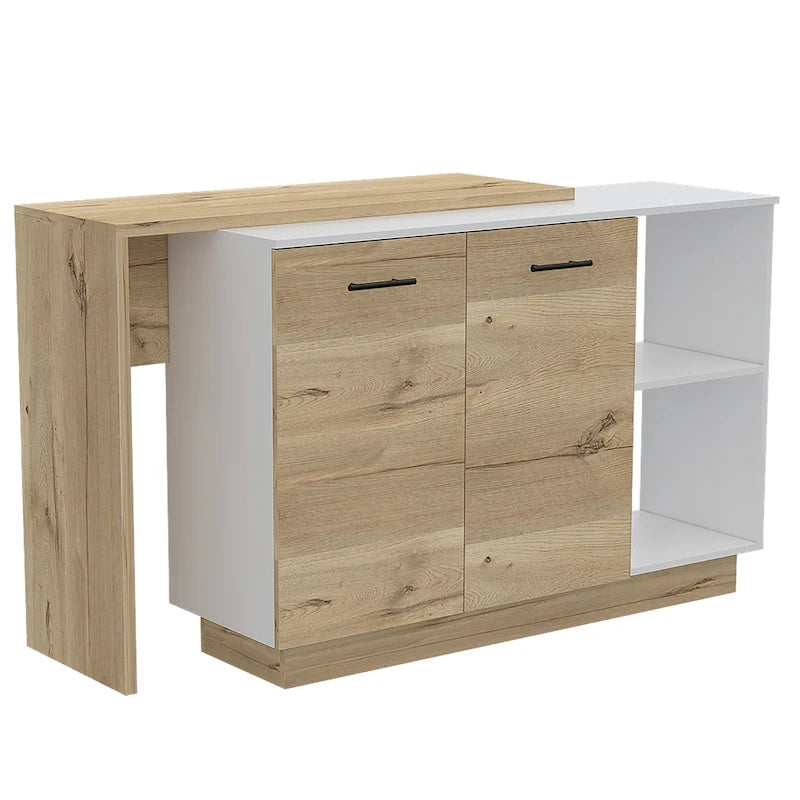 Kitchen Island with Open Shelves, Double Door Cabinet and Interior Shelves, White & Black
