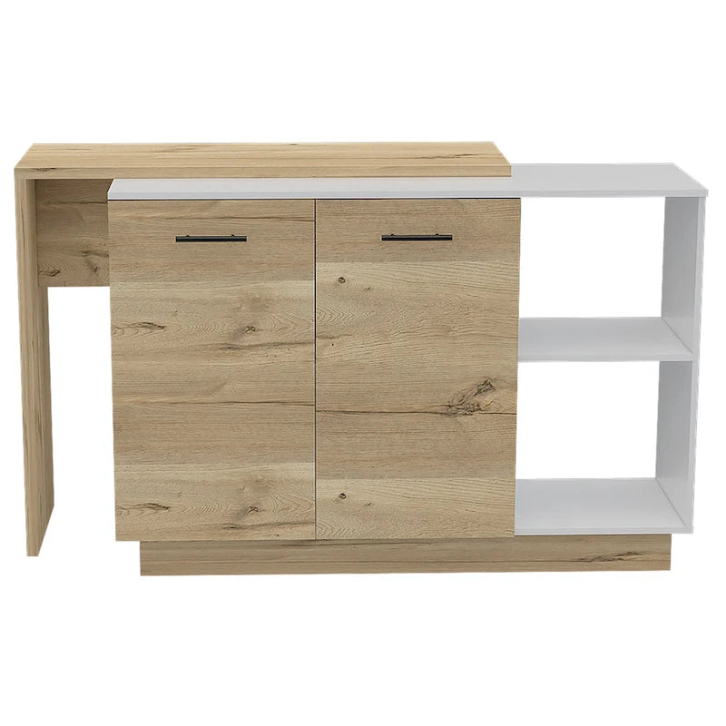 Kitchen Island with Open Shelves, Double Door Cabinet and Interior Shelves, White & Black