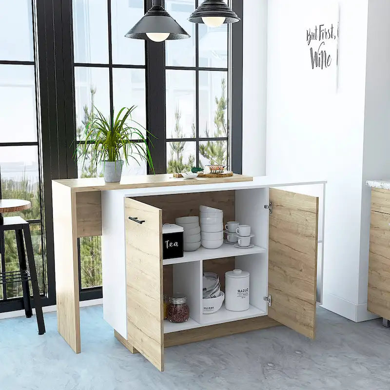 Kitchen Island with Open Shelves, Double Door Cabinet and Interior Shelves, White & Black