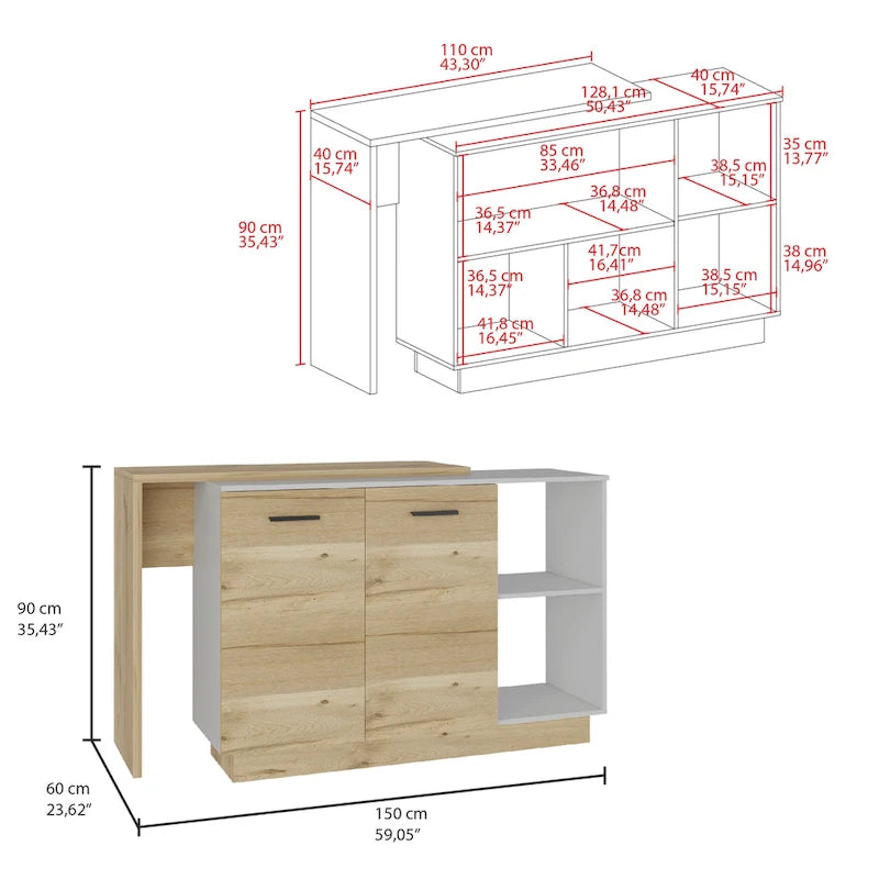 Kitchen Island with Open Shelves, Double Door Cabinet and Interior Shelves, White & Black