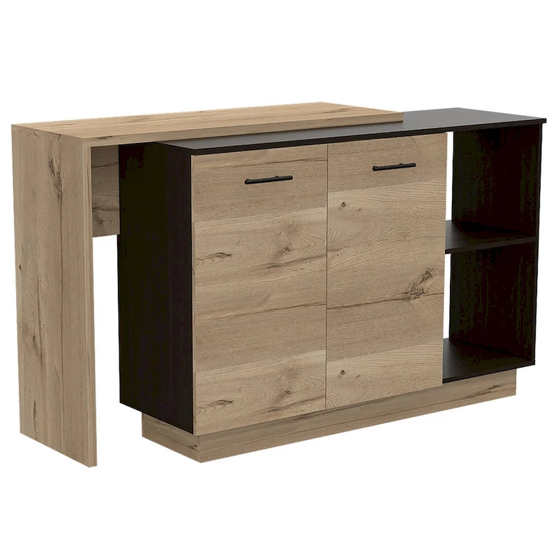 Kitchen Island with Open Shelves, Double Door Cabinet and Interior Shelves, White & Black