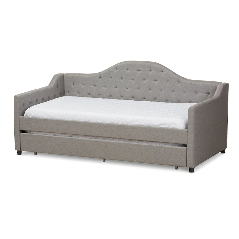 Fabric Upholstered Tufted Daybed with Roll-Out Trundle Grey Beige