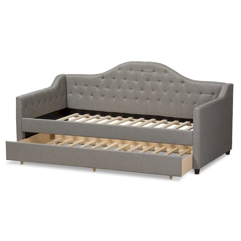 Fabric Upholstered Tufted Daybed with Roll-Out Trundle Grey Beige