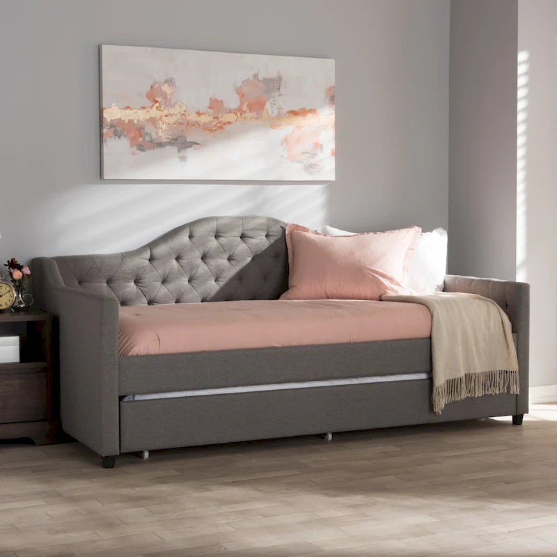 Fabric Upholstered Tufted Daybed with Roll-Out Trundle Grey Beige