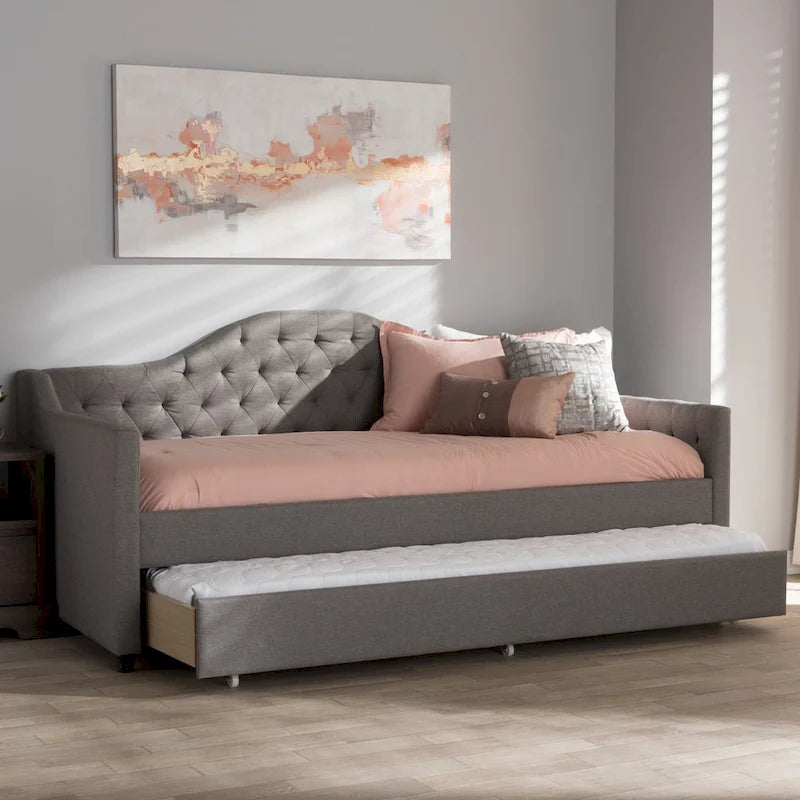 Fabric Upholstered Tufted Daybed with Roll-Out Trundle Grey Beige