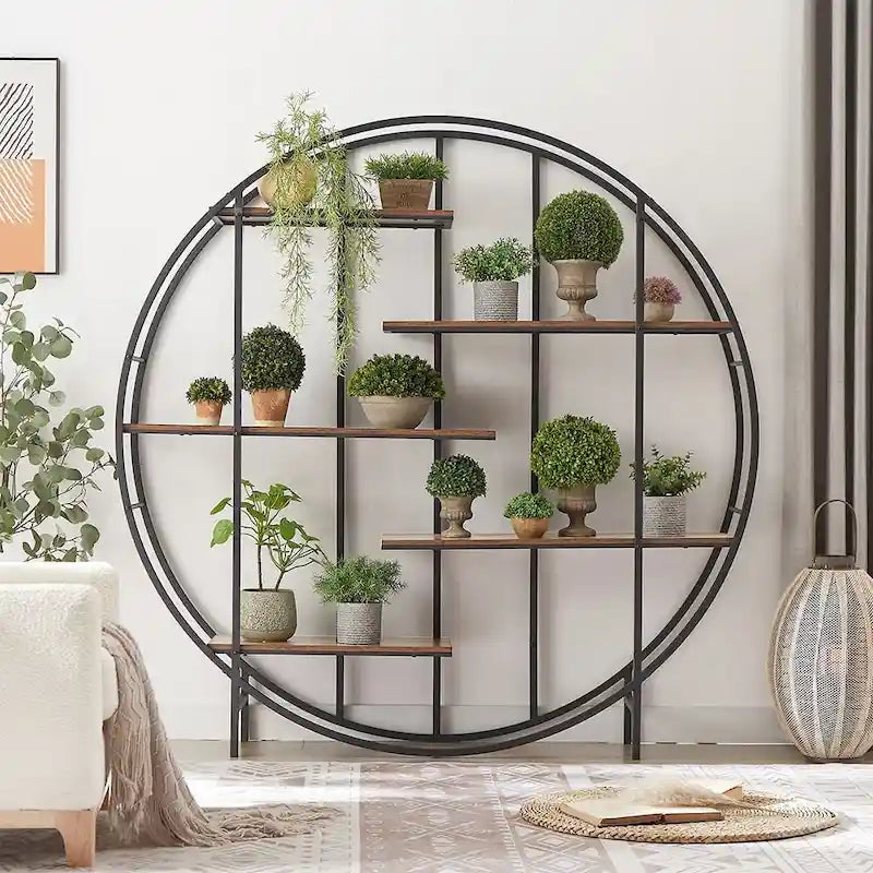 Round Multi-Tier Industrial Bookshelf Display Stand, Rustic Brown