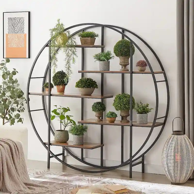 Round Multi-Tier Industrial Bookshelf Display Stand, Rustic Brown