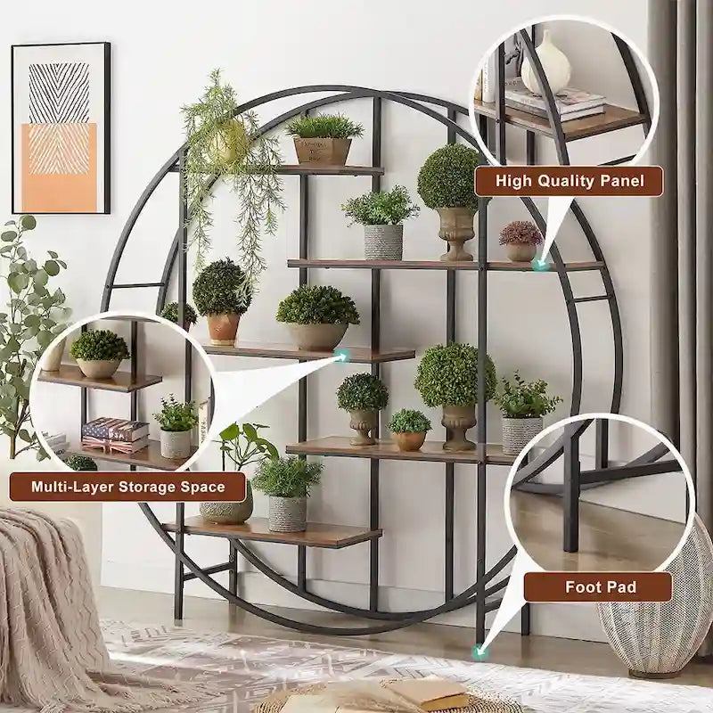 Round Multi-Tier Industrial Bookshelf Display Stand, Rustic Brown
