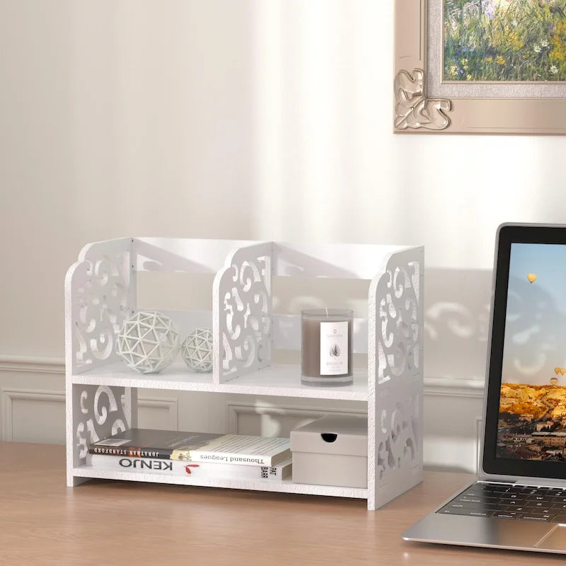 Adjustable White Wood Desktop Organizer with Carved Floral Compartments
