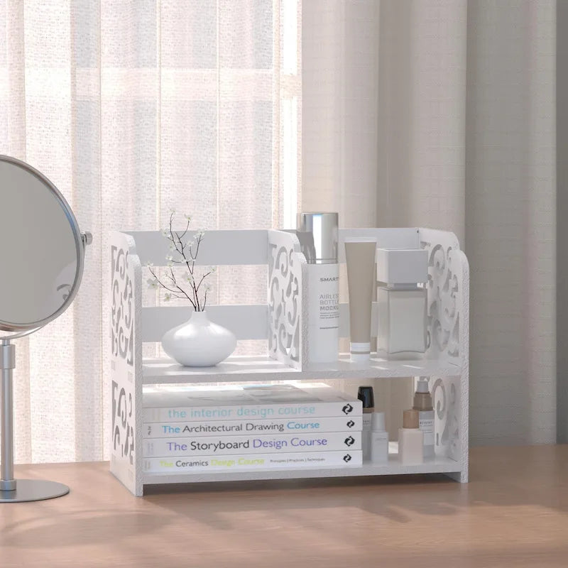 Adjustable White Wood Desktop Organizer with Carved Floral Compartments