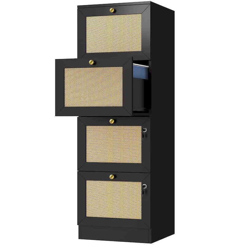 4-Drawer Rattan Vertical File Cabinet with Lock White Black