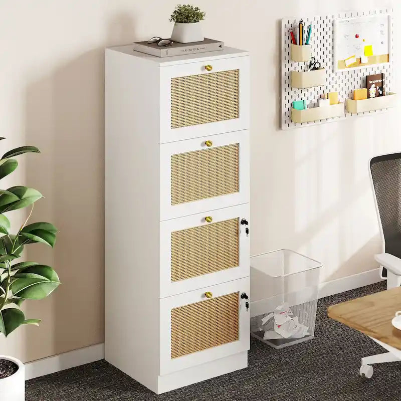 4-Drawer Rattan Vertical File Cabinet with Lock White Black
