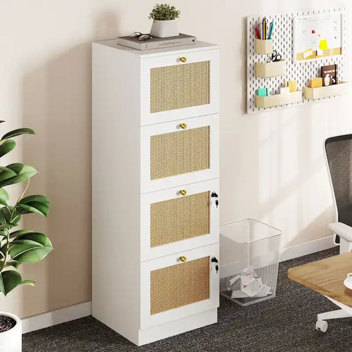 4-Drawer Rattan Vertical File Cabinet with Lock White Black