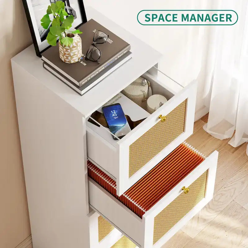 4-Drawer Rattan Vertical File Cabinet with Lock White Black