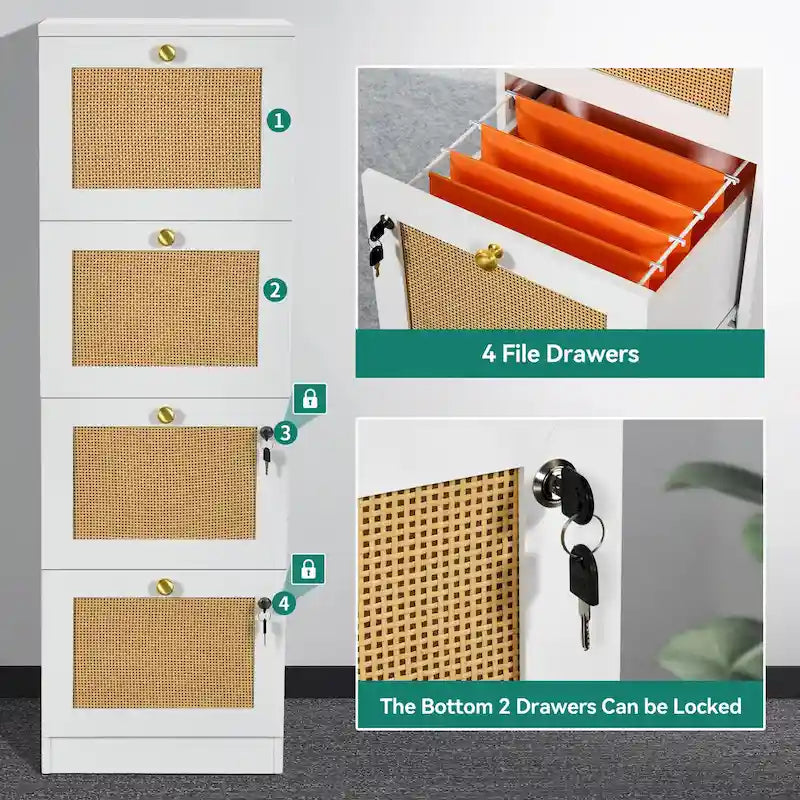 4-Drawer Rattan Vertical File Cabinet with Lock White Black