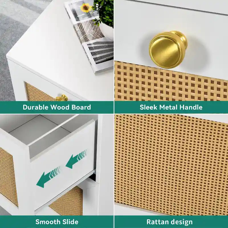 4-Drawer Rattan Vertical File Cabinet with Lock White Black