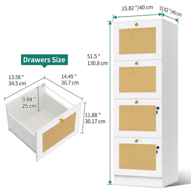 4-Drawer Rattan Vertical File Cabinet with Lock White Black