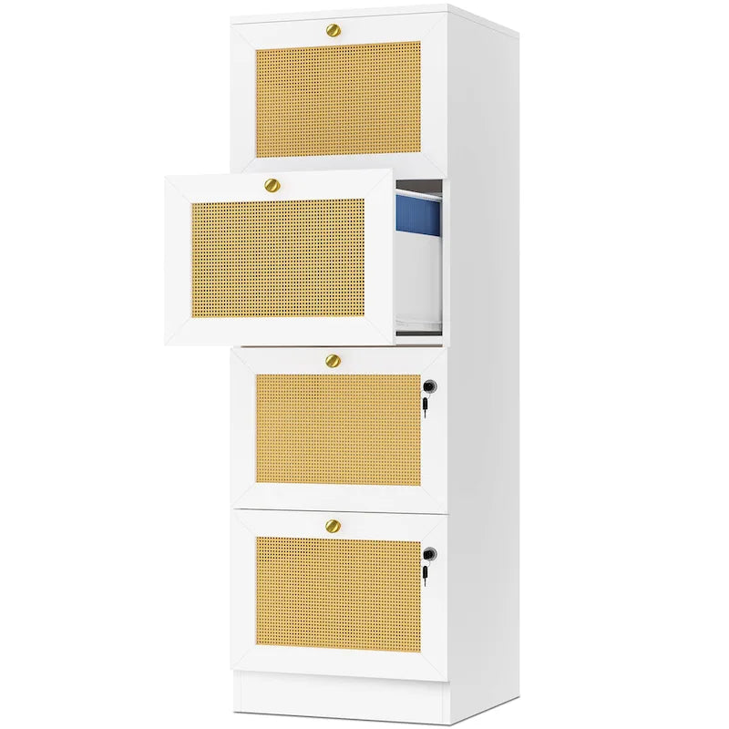 4-Drawer Rattan Vertical File Cabinet with Lock White Black