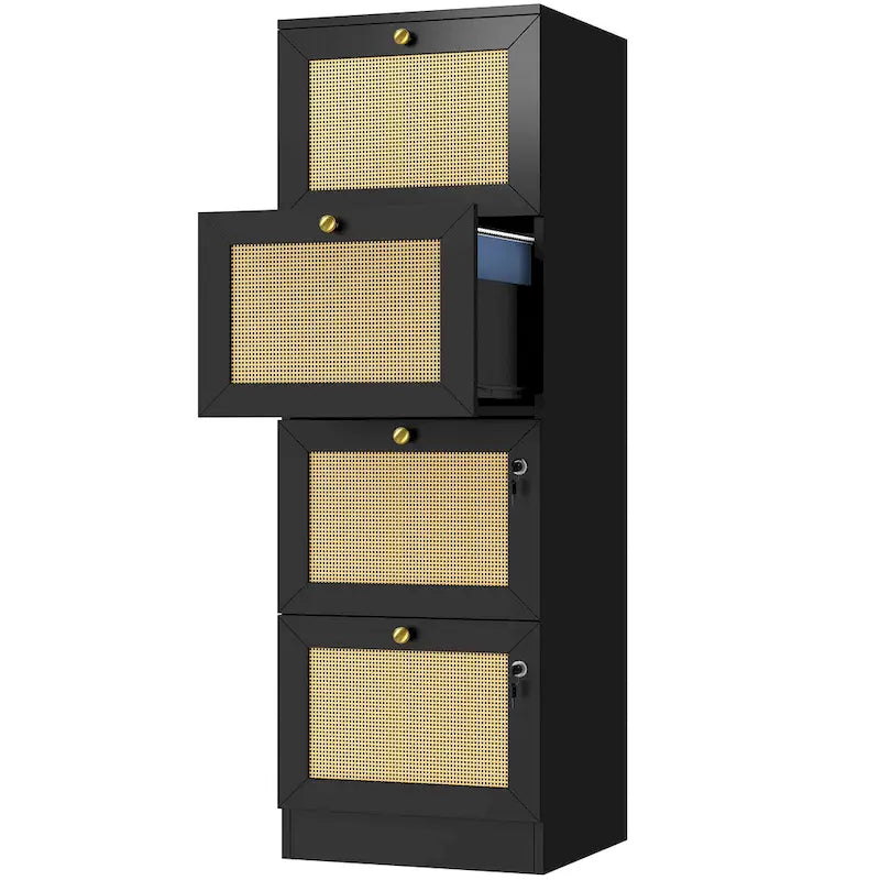 4-Drawer Rattan Vertical File Cabinet with Lock White Black