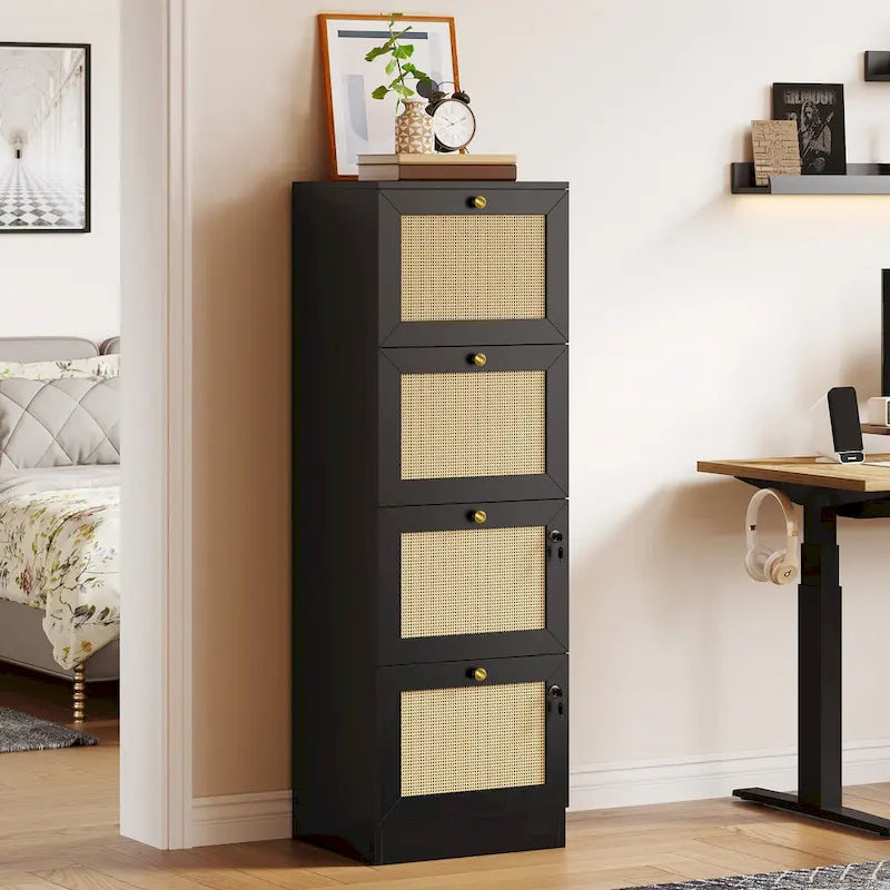 4-Drawer Rattan Vertical File Cabinet with Lock White Black