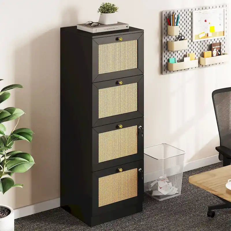 4-Drawer Rattan Vertical File Cabinet with Lock White Black