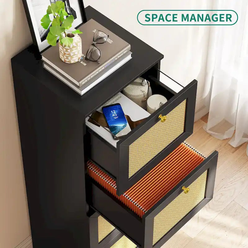 4-Drawer Rattan Vertical File Cabinet with Lock White Black