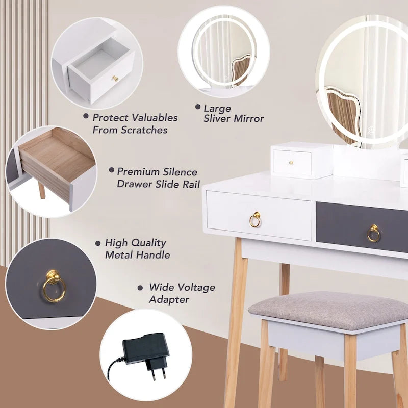 LED Lighted Makeup Vanity Table with 4 Drawers and Frameless Mirror