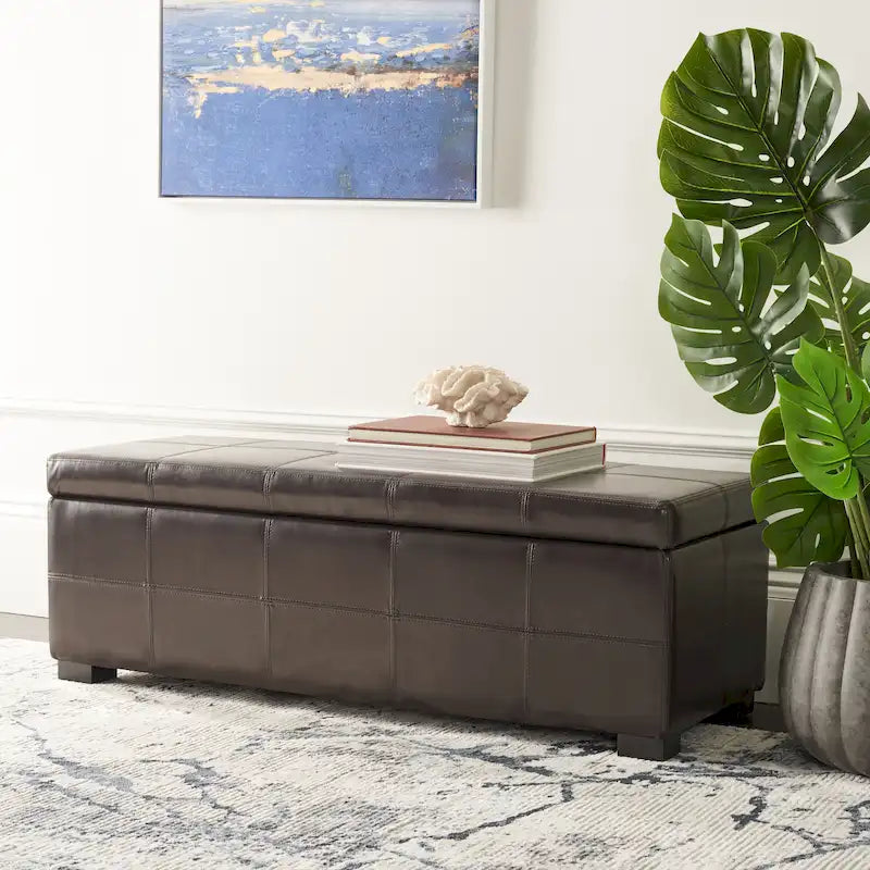 Bicast Leather Wooden Storage Bench with Ottoman Seating Brown Black Cream