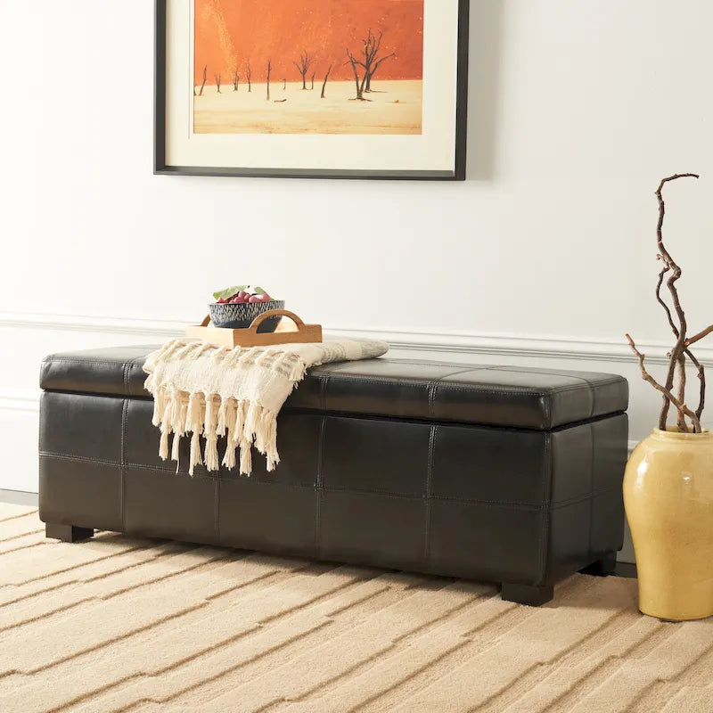 Bicast Leather Wooden Storage Bench with Ottoman Seating Brown Black Cream