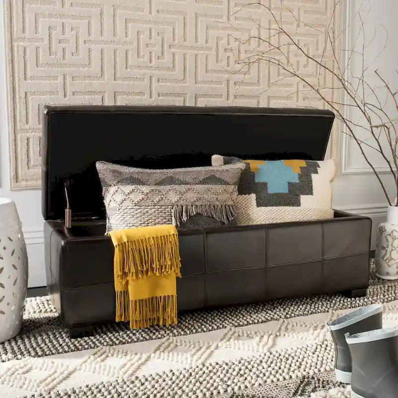 Bicast Leather Wooden Storage Bench with Ottoman Seating Brown Black Cream