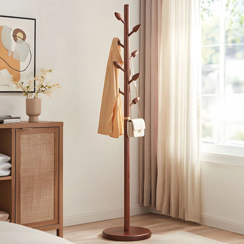 Freestanding Solid Wood Coat Rack with 8 Leaf-Shaped Hooks, Walnut Brown