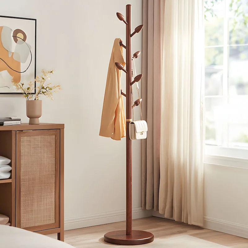 Freestanding Solid Wood Coat Rack with 8 Leaf-Shaped Hooks, Walnut Brown
