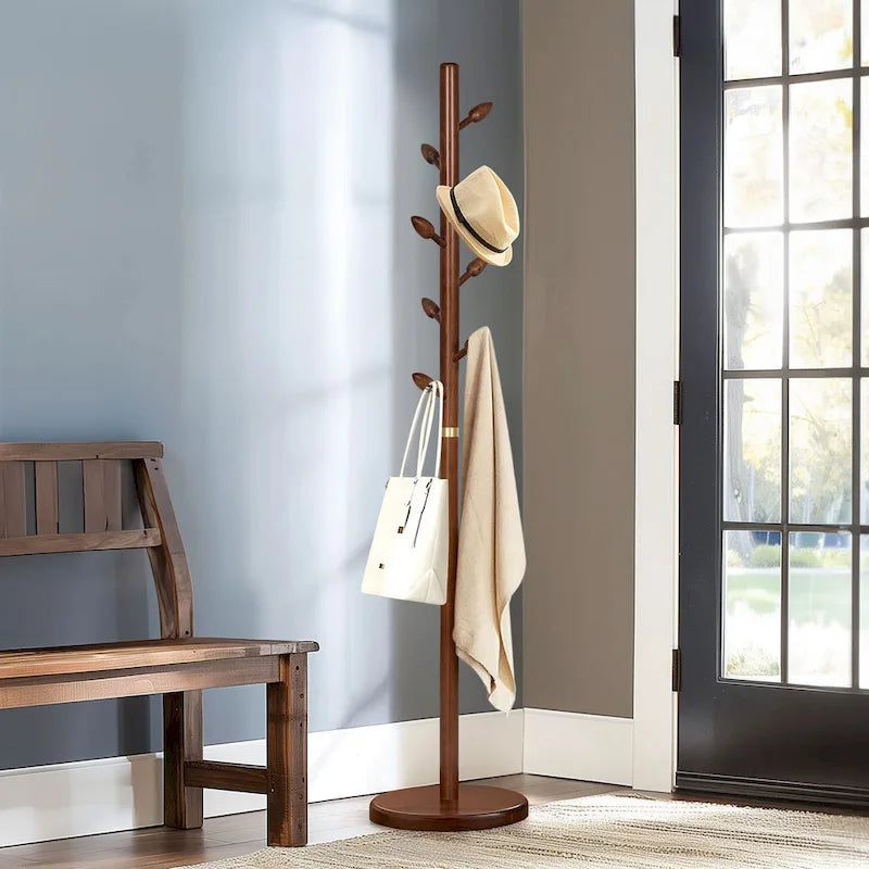 Freestanding Solid Wood Coat Rack with 8 Leaf-Shaped Hooks, Walnut Brown