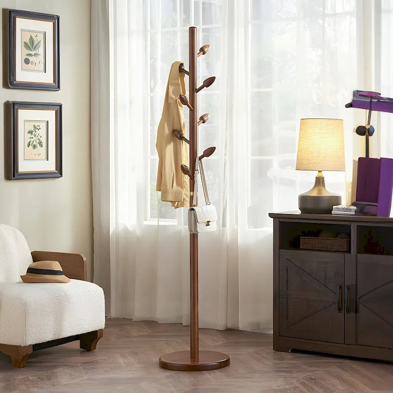 Freestanding Solid Wood Coat Rack with 8 Leaf-Shaped Hooks, Walnut Brown