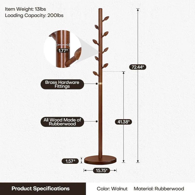Freestanding Solid Wood Coat Rack with 8 Leaf-Shaped Hooks, Walnut Brown