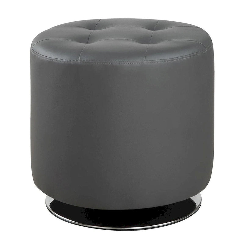 Round Tufted Swivel Ottoman Gray Faux Leather Metal Base Modern