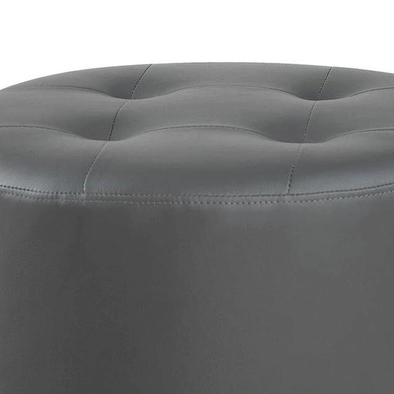 Round Tufted Swivel Ottoman Gray Faux Leather Metal Base Modern
