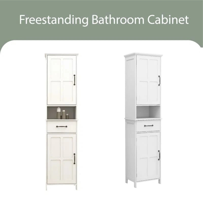 Tall Narrow Bathroom Storage Cabinet with Two Doors Drawer Open Shelf White