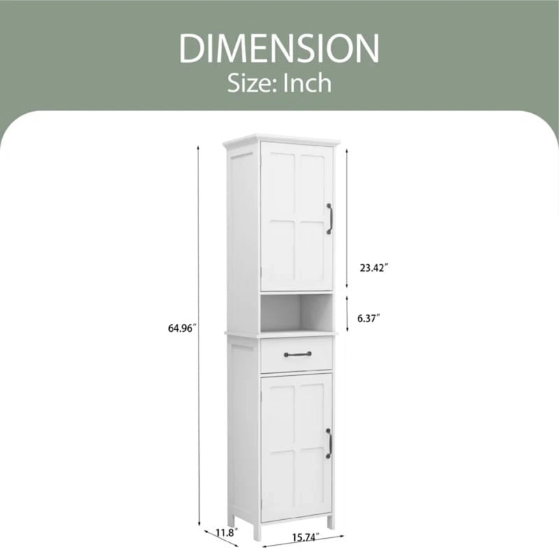 Tall Narrow Bathroom Storage Cabinet with Two Doors Drawer Open Shelf White