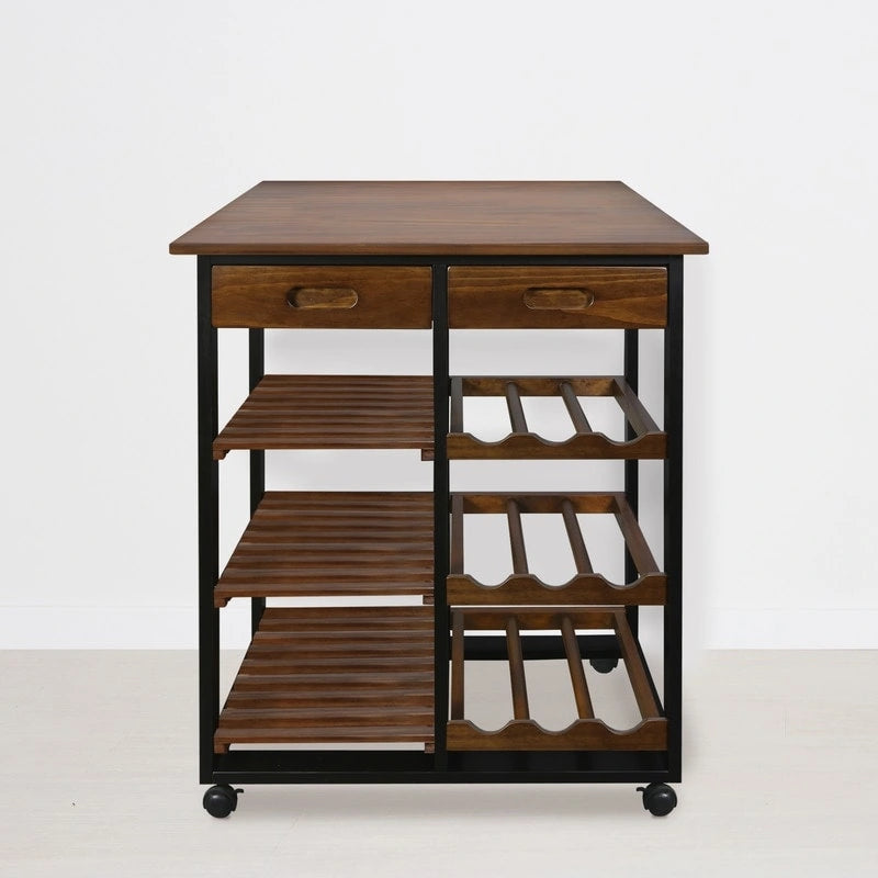 Brown Solid Wood Rolling Kitchen Cart with Wine Rack Black Frame Drawer