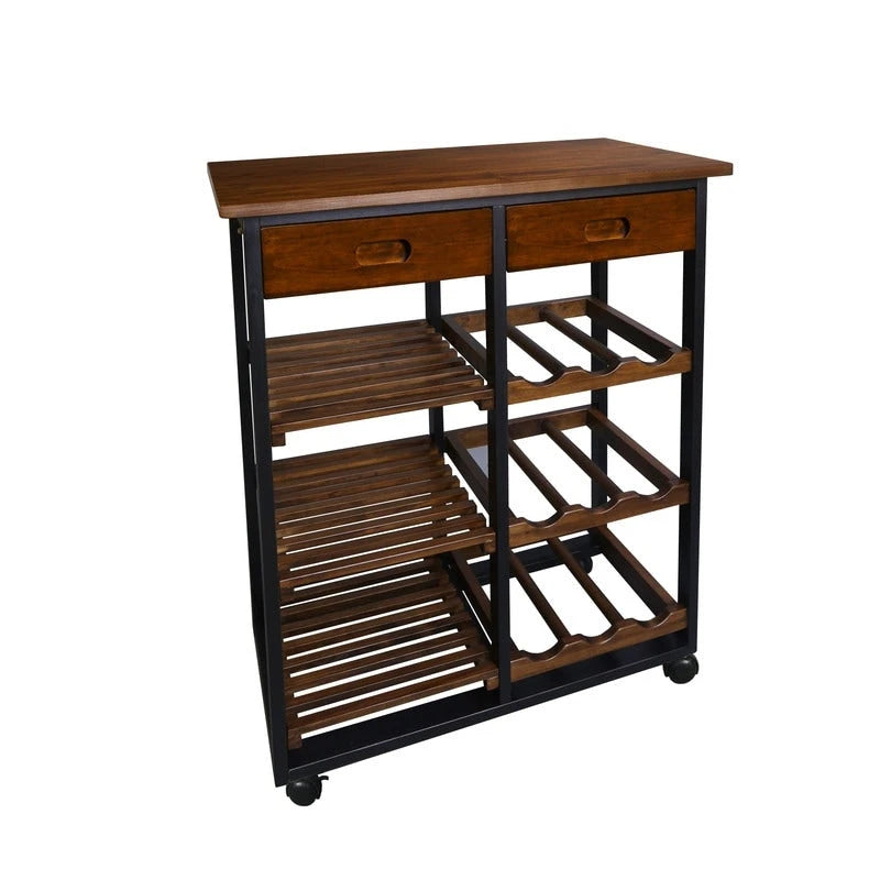 Brown Solid Wood Rolling Kitchen Cart with Wine Rack Black Frame Drawer