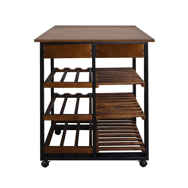 Brown Solid Wood Rolling Kitchen Cart with Wine Rack Black Frame Drawer