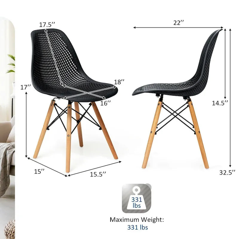 Chaise de salle à manger ergonomique en maille avec dossier ajouré et pieds en hêtre massif, noire