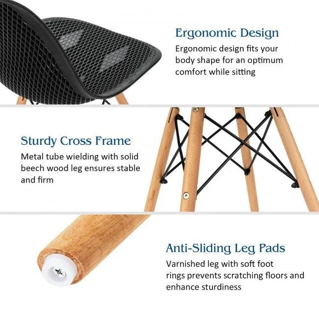 Chaise de salle à manger ergonomique en maille avec dossier ajouré et pieds en hêtre massif, noire