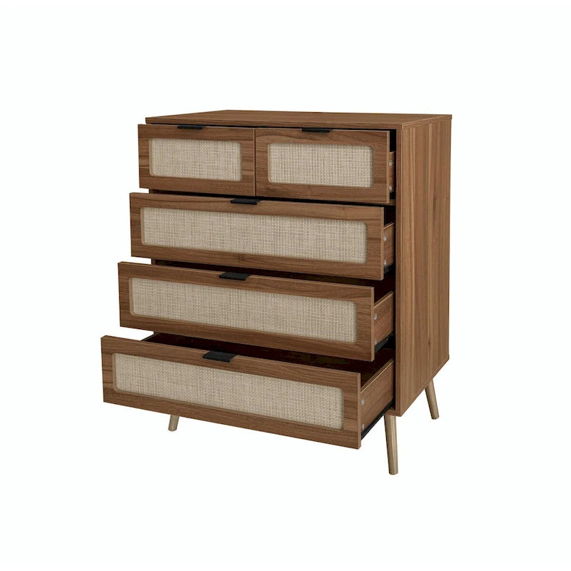 5-Drawer Rattan Accent Storage Cabinet Black Walnut Pine Legs Waterproof
