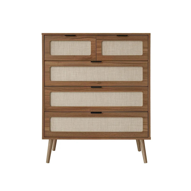 5-Drawer Rattan Accent Storage Cabinet Black Walnut Pine Legs Waterproof