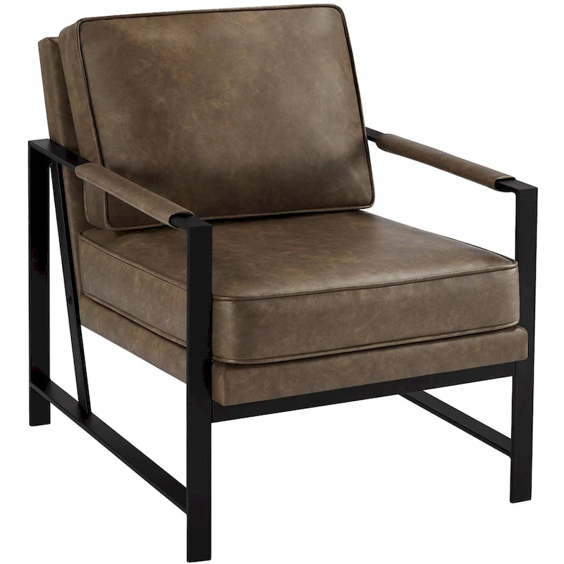 Retro Faux Leather Accent Chair with Black Metal Frame