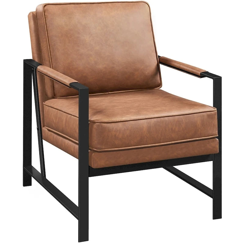 Retro Faux Leather Accent Chair with Black Metal Frame