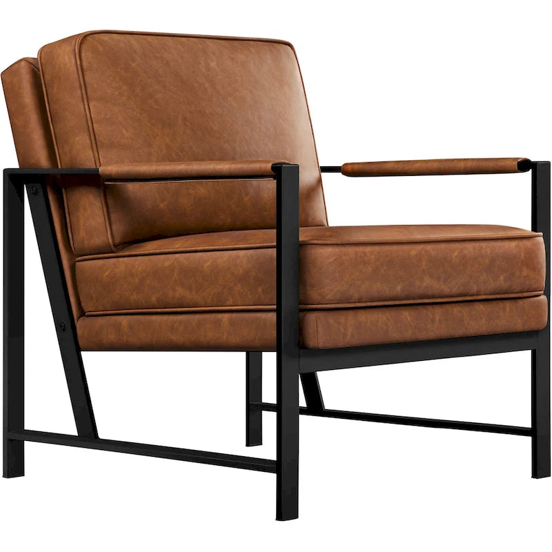 Retro Faux Leather Accent Chair with Black Metal Frame